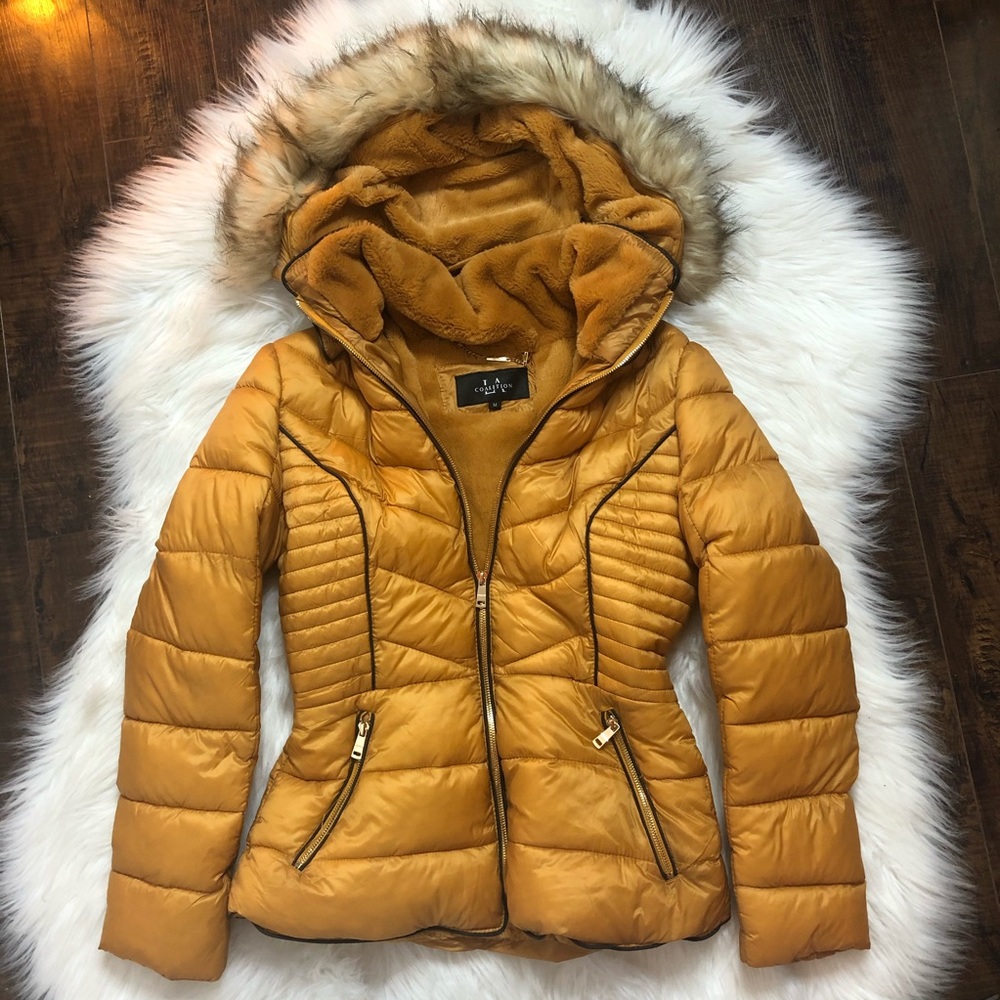 Yellow Puffer with Faux Fur Hood